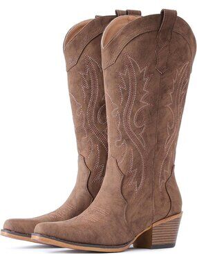 Women's Taupe Red Brown Mid Calf Snip Toe Western Cowgirl Faux Leather Heeled Bo